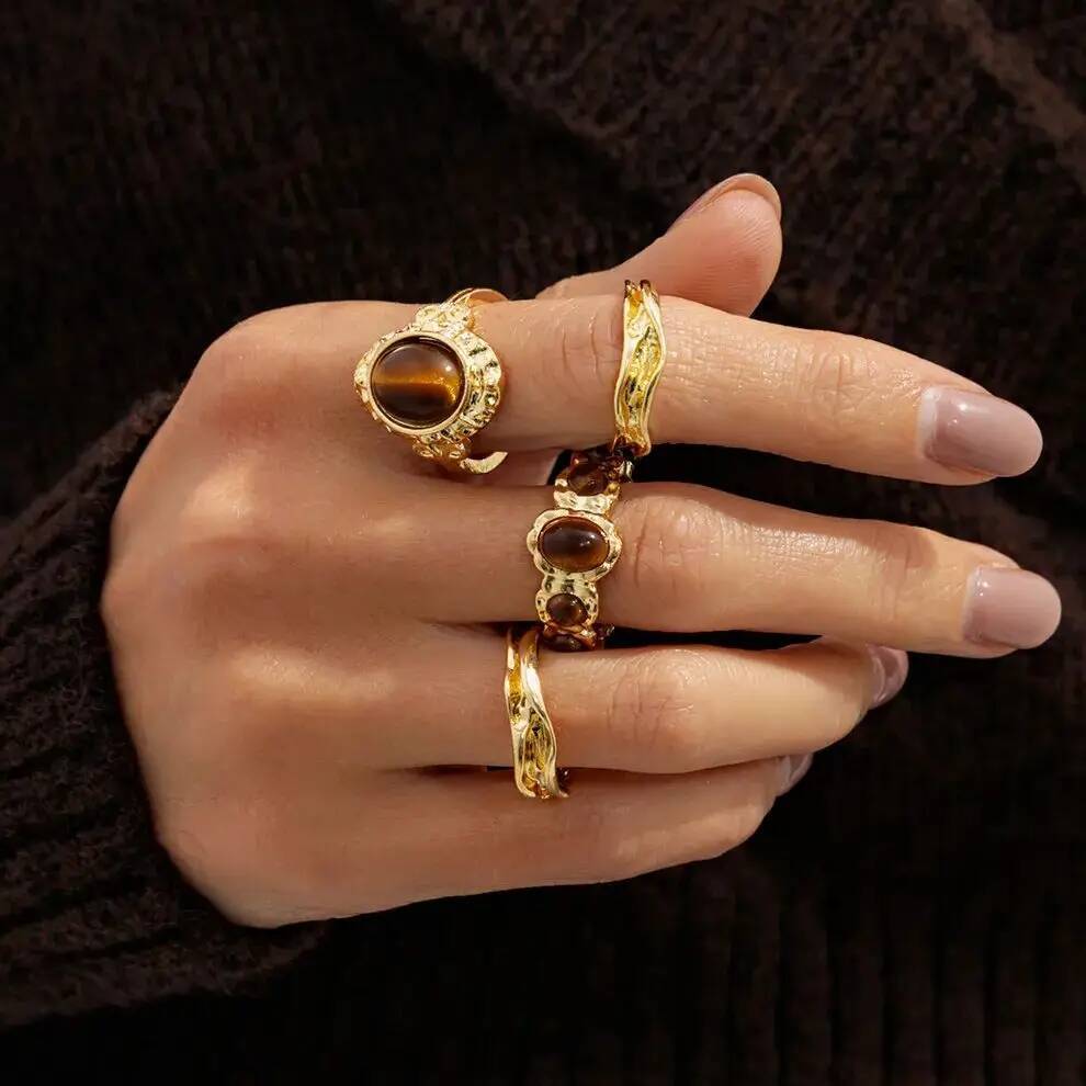KunJoe 4Pcs/Set Vintage Oval Brown Stone Open Rings for Women Luxury Round Gold Color Adjustable Knuckle Ring Lady Jewelry