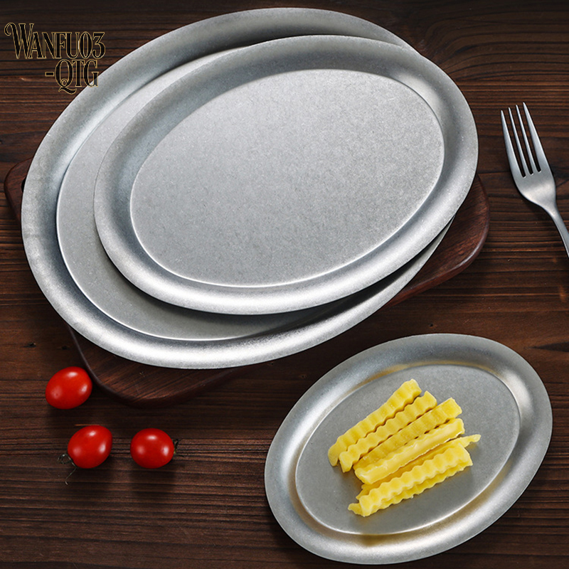Hot Sale 1 Pcs Japanese Vintage Oval 304 Stainless Steel Restaurant Plate Dessert Tray Kitchen Tableware