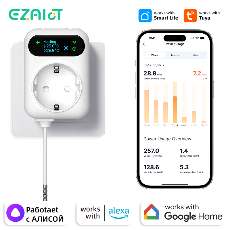 16A Tuya Wifi Smart Plug Digital Thermostat Socket Outlet Power Monitor Wireless App Voice Remote Control Work with Alexa