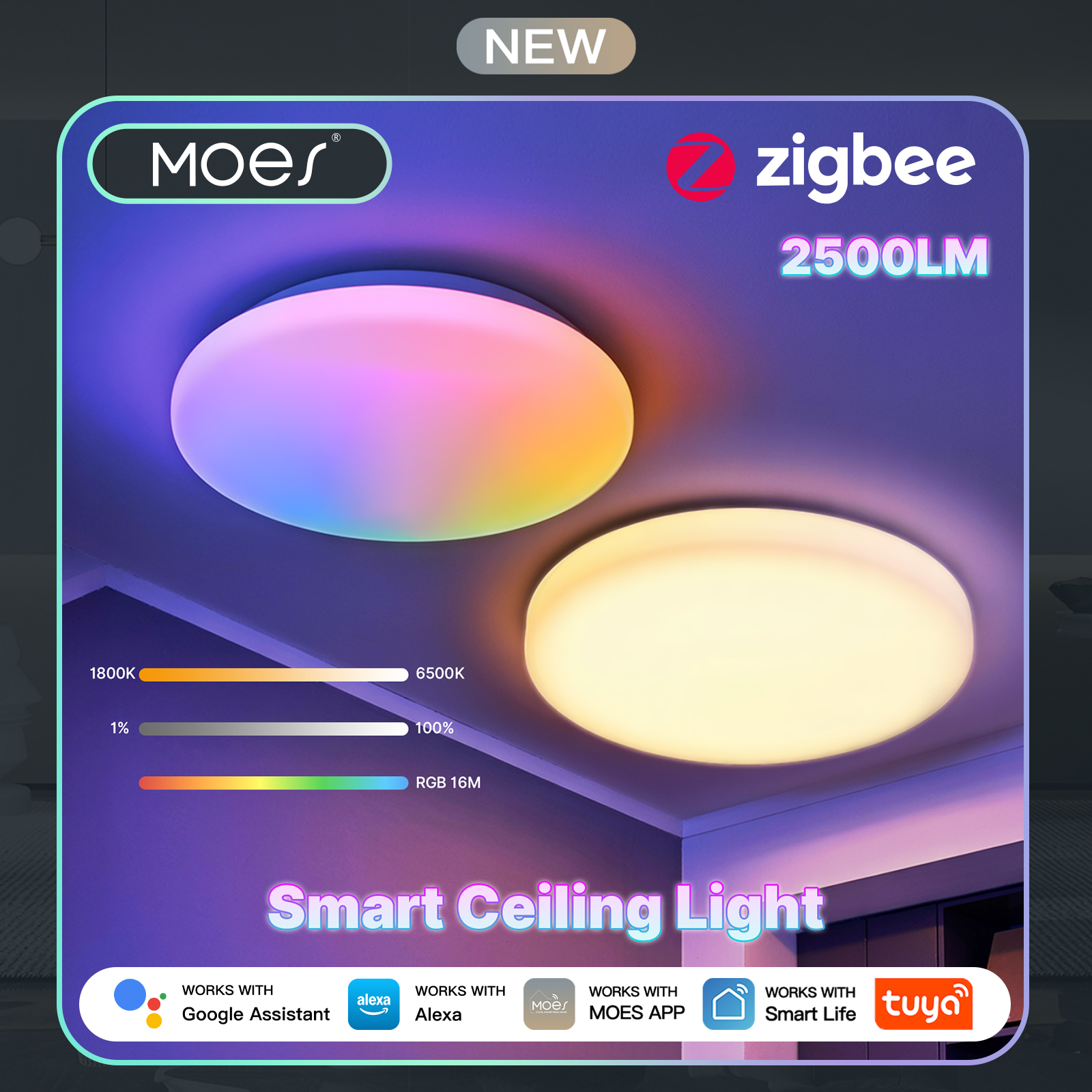 MOES Tuya Zigbee Smart Ceiling LED Light Ambient Lamp Color Temp Tunable RGB Dimming App Voice Control Work with Alexa