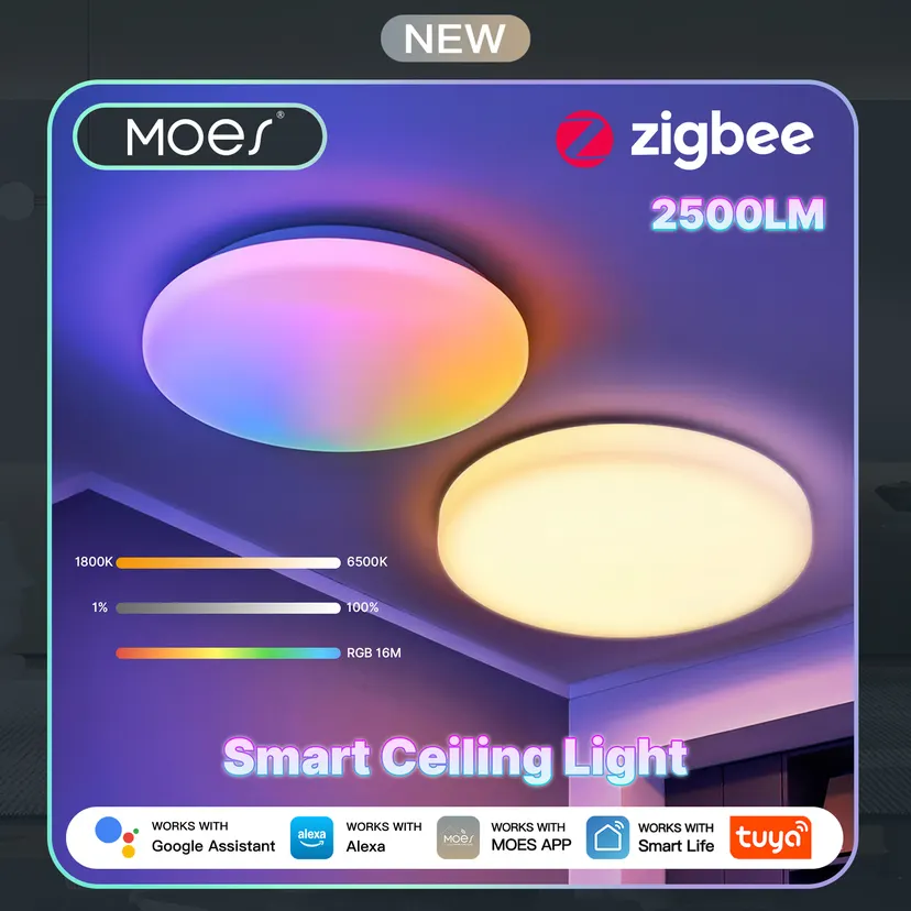 MOES Tuya Zigbee Smart Ceiling LED Light Ambient Lamp Color Temp Tunable RGB Dimming App Voice Control Work with Alexa