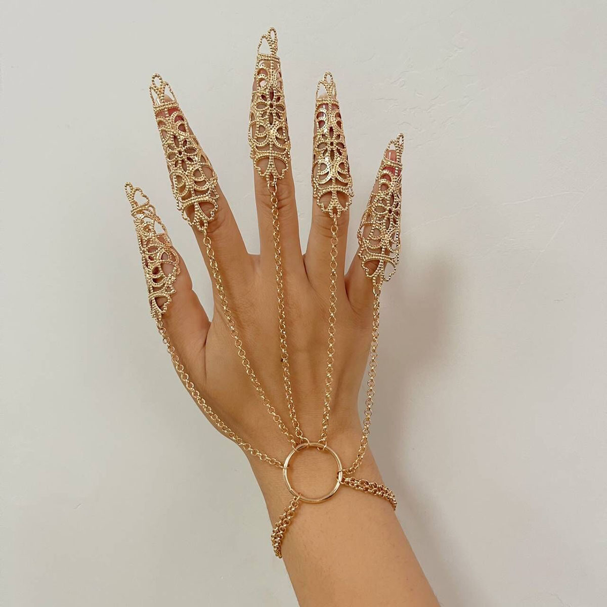 1pc Connecting Finger Bracelet Women Punk Nail Rings With Bracelet Belly Dancer Cosplay Hand Jewelry