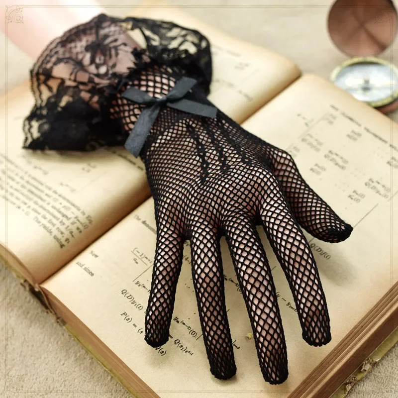 Girls Lolita Lace Hollow Out Gloves Women Ceremony Etiquette Mesh Thin Mittens Gothic Punk Glove Black White Soft Elastic