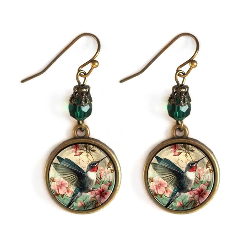 Vintage Green Bead Hummingbird Flower Glass Dangle Earrings For Women Bird Animal Jewelry Accessories