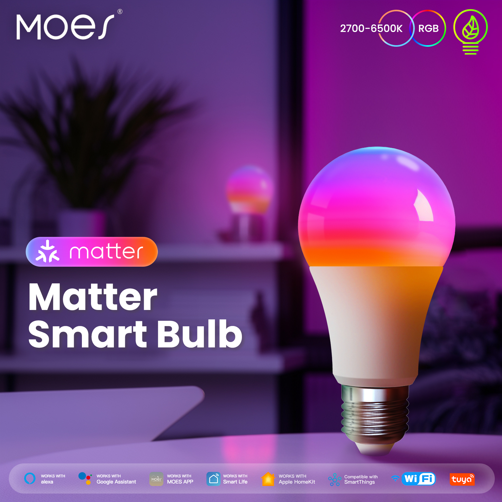 MOES Tuya Matter WiFi Smart Bulb Dimmable Led Light 16 Million RGB Colors E27 Candle Lamp Voice Control Alexa Home