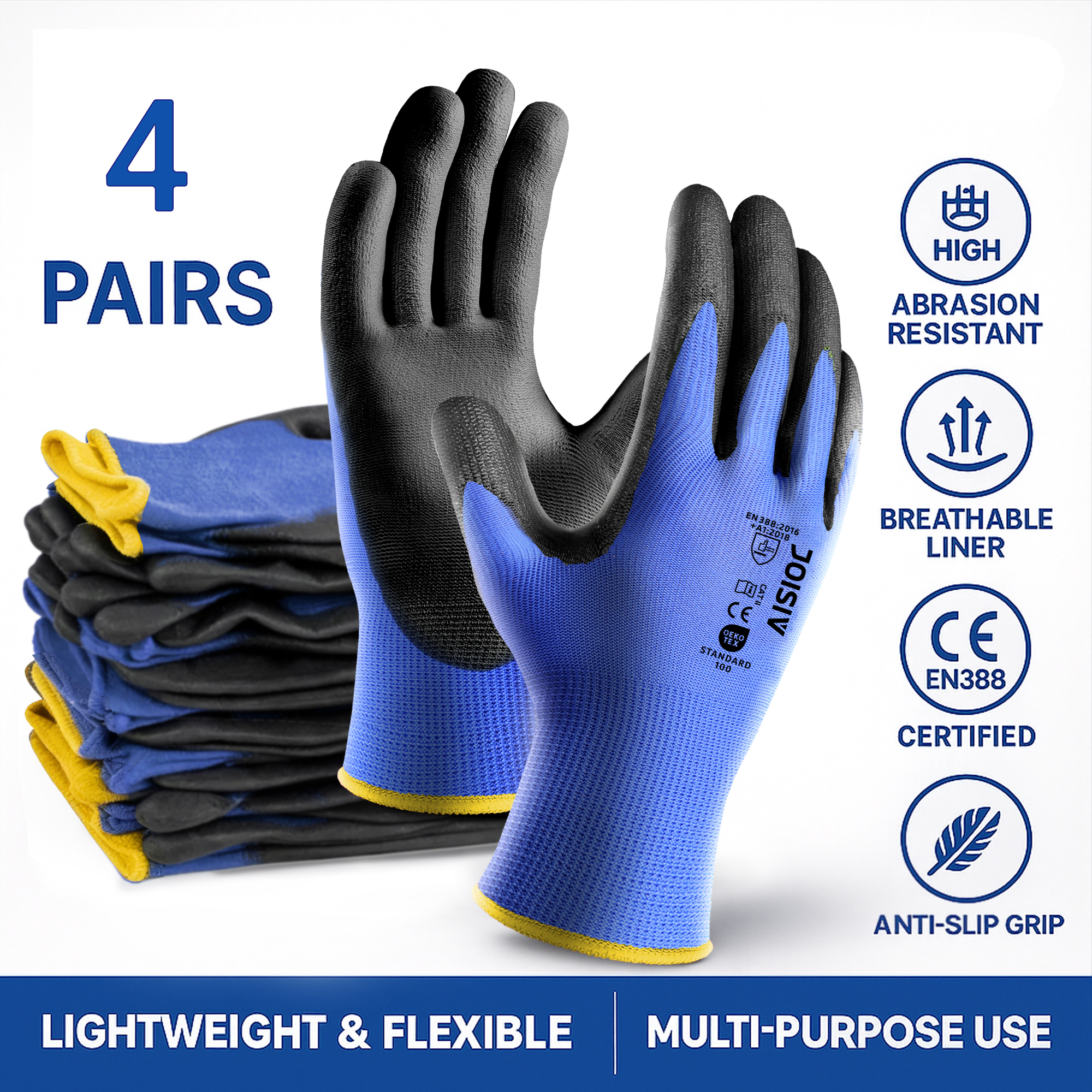 4 Pairs PU Coated Seamless Hand Gloves for Men Durable Non-slip for Construction, Warehouse & Automotive