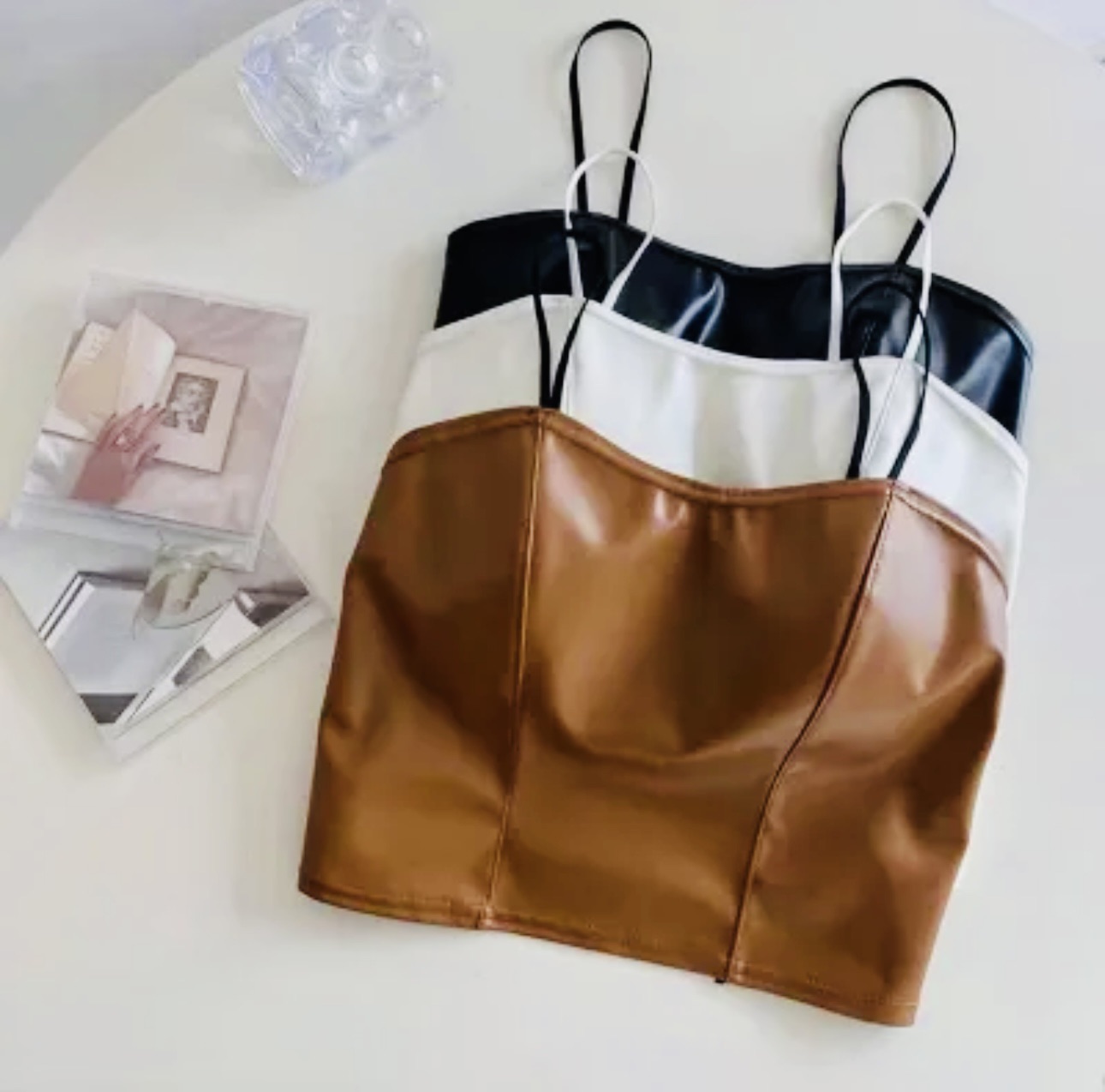 Fashionable Leather Crop Camisole for Women, Sleek Suede Material, Modern Crop Length, Versatile Lingerie Top