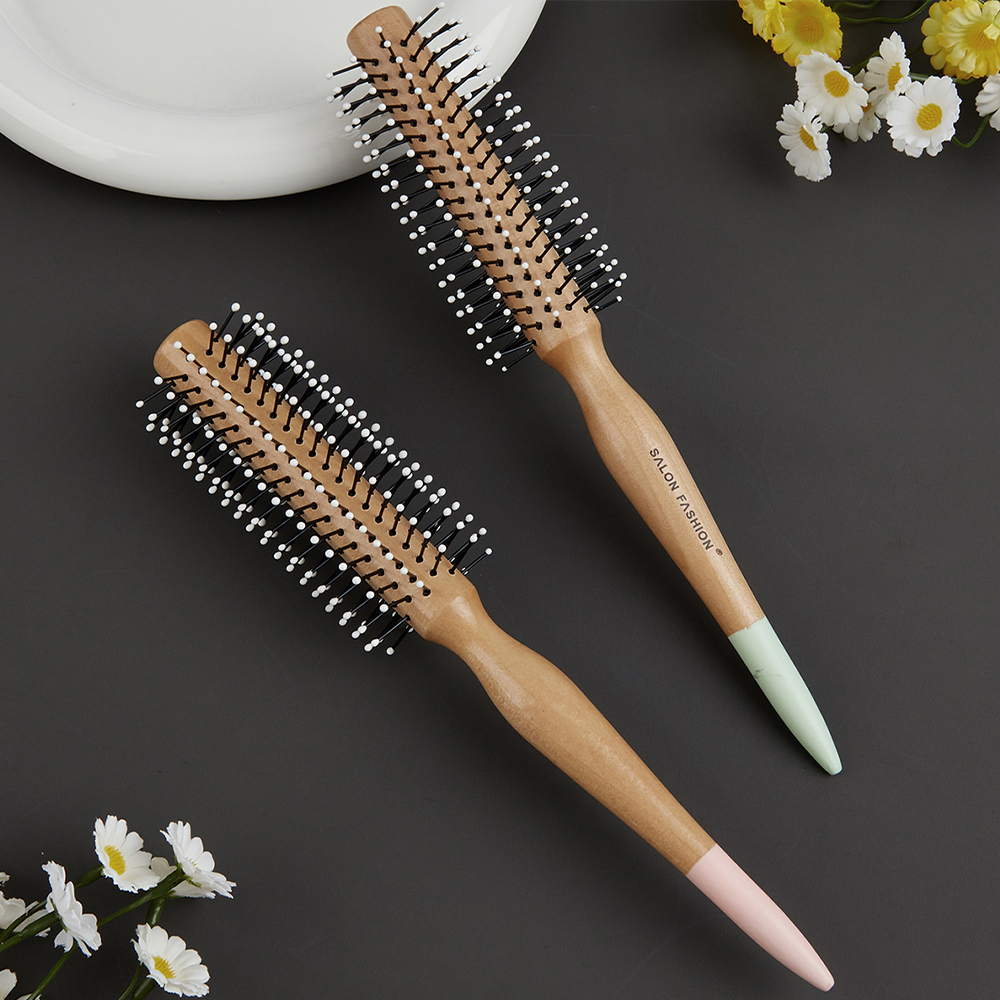 Natural Wooden Round Curling Comb Random Color 1 pc Gentle Nylon Bristles Wooden Handle Salon Curling Roll Hairbrush