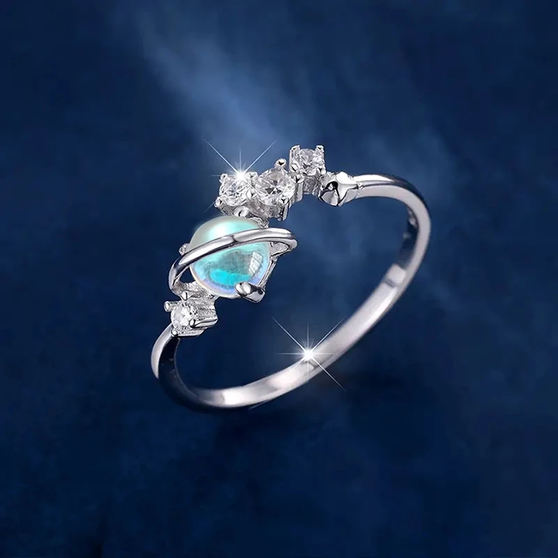 Huitan Novel Imitation Moonstone Rings for Women Exquisite Planet Design Daily Wear Female Rings Trendy Luxury Party Jewelry