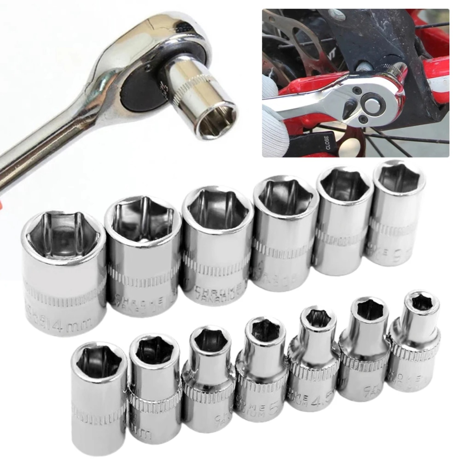 4-14mm 1/4in Head Hex Keys Hex Short Socket For Ratchet Wrench Slotted Ratchet Bicycle Garage Hand Repair Tools Accessories