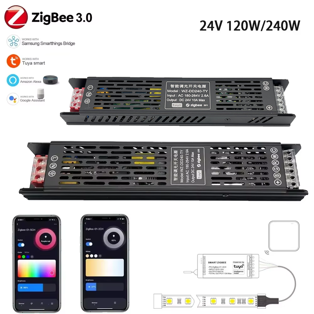 Tuya Zigbee Dimmable Led Driver DC24V 120/240W CCT/RGBCCT LED Light Transformer Dimmer 2in1 Voice/APP Control for Alexa