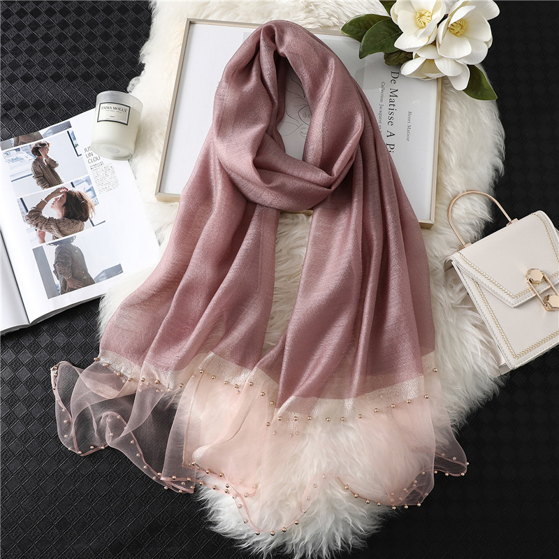 2025 New Beaded Silk-Like Scarf Shawl for Women Spring Summer Sun Protection Elegant Wrap Fashion Faux Silk Stole Bufanda Stoles