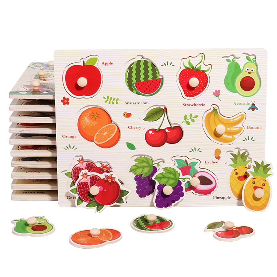 Montessori Wooden Hand Grab Boards Tangram Jigsaw Baby Educational Cartoon Vehicle Animals Fruits 3D Puzzles Early Education