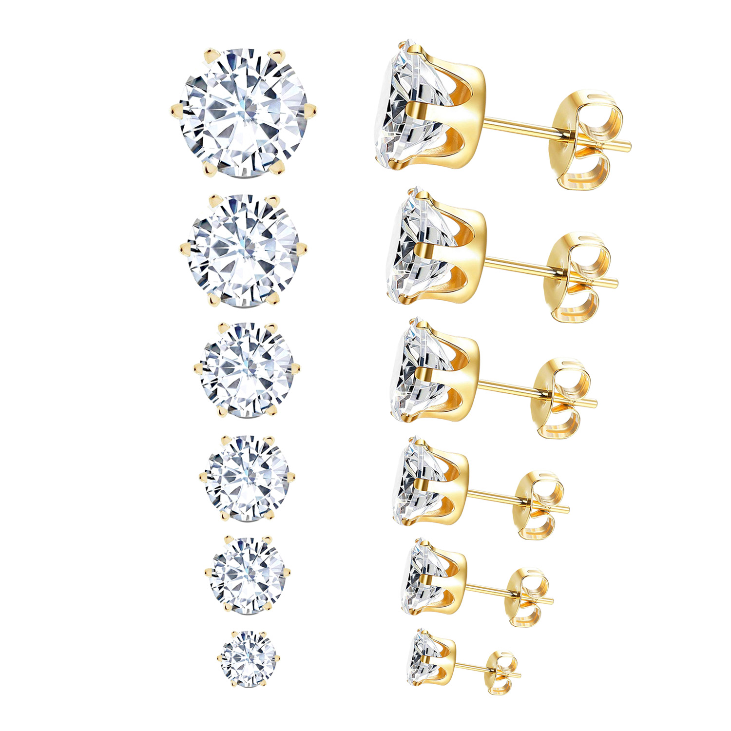 6Pair/Box Stud Earrings Cubic Zirconia 316L Stainless Steel Anti-allergy Women Wedding Party Jewelry Accessories Wholesale 3-8mm
