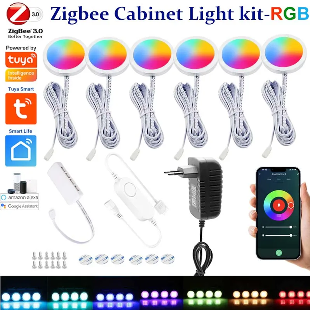 DC12V Tuya Zigbee LED Round Under Cabinet Light Kit RGB Color Change Dimming for Kitchen Shelf,Voice Control Alexa Echo