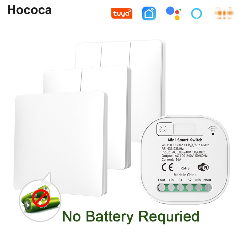 Hococa Tuya Smart Wifi Wireless Switch RF433 1/2/3 Gang Battery Free Waterproof Self Powered Switches