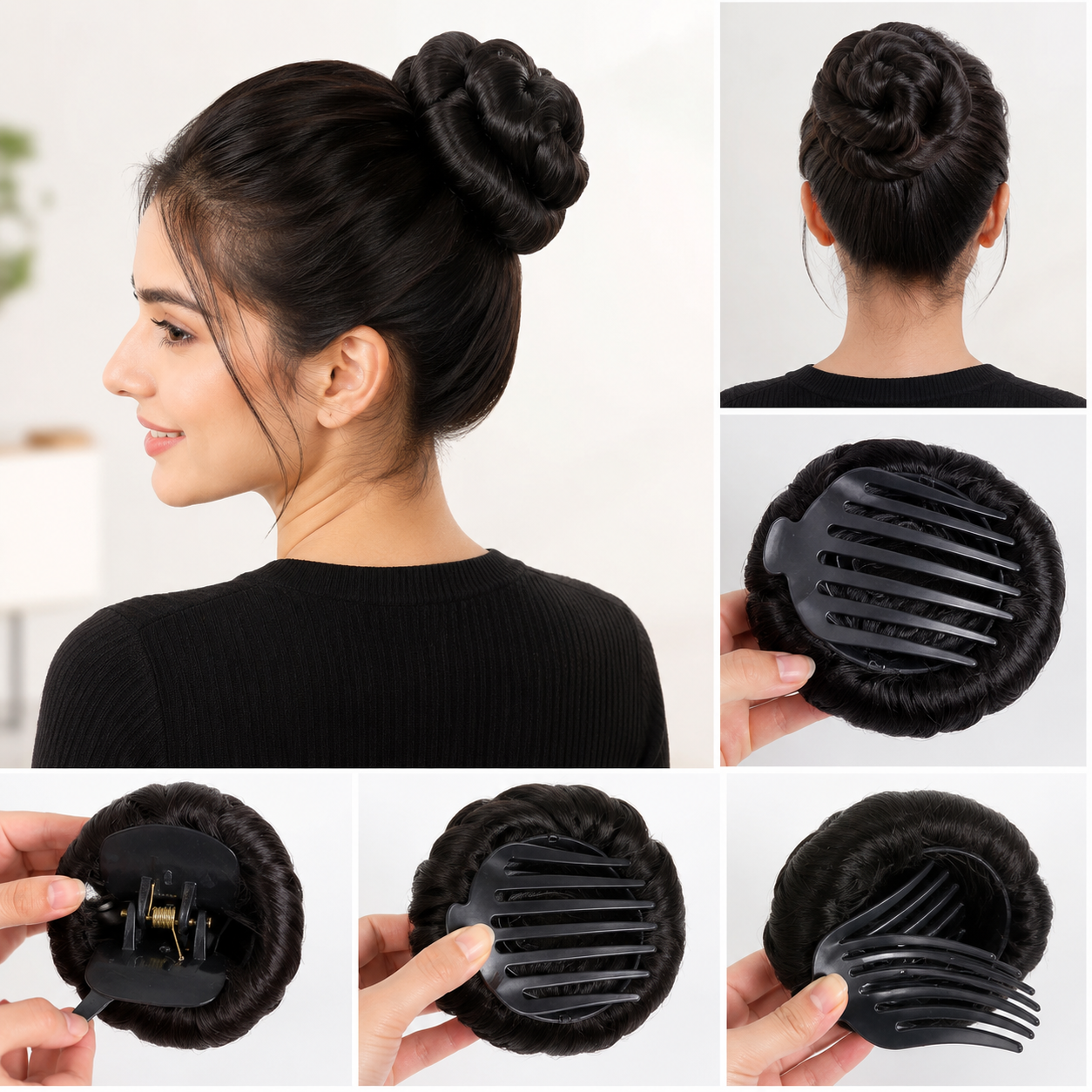 Women's Synthetic Hair Bun Extension with Claw Clip | Instant Messy Bun Hairpiece for Elegant Updo Hairstyles | Black