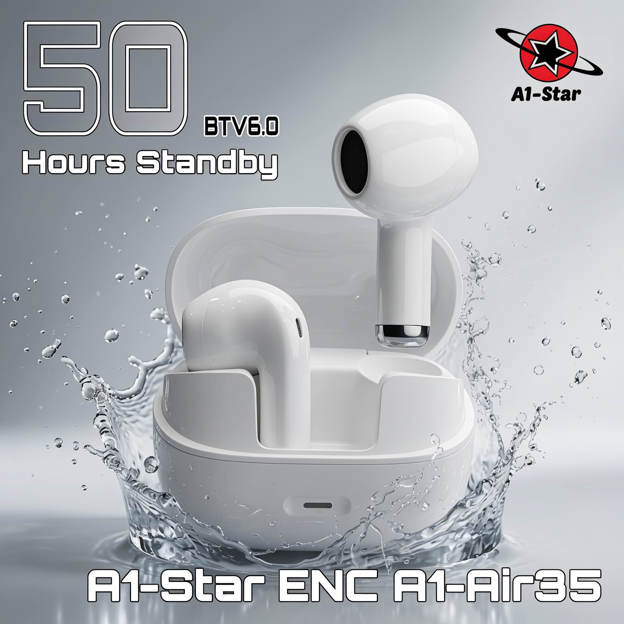 A1-Star Bullet Wireless Airpods | Bluetooth V6.0 | ENC Inbuilt | 50H Standby | Hi-Fi Stereo Sound Pure Bass | 13mm Bass Driver | IPX5 Waterproof | Wireless Range 10m | Touch Control |
