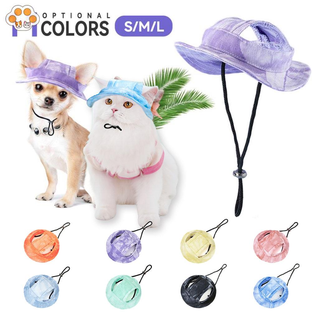 Cute Pet Sun Hat Cat Sun Hats for Dog Baseball Cap Round Brim Cat Hat Bucket Hat OPet Caps with Ear Holes Adjustable Drawstring