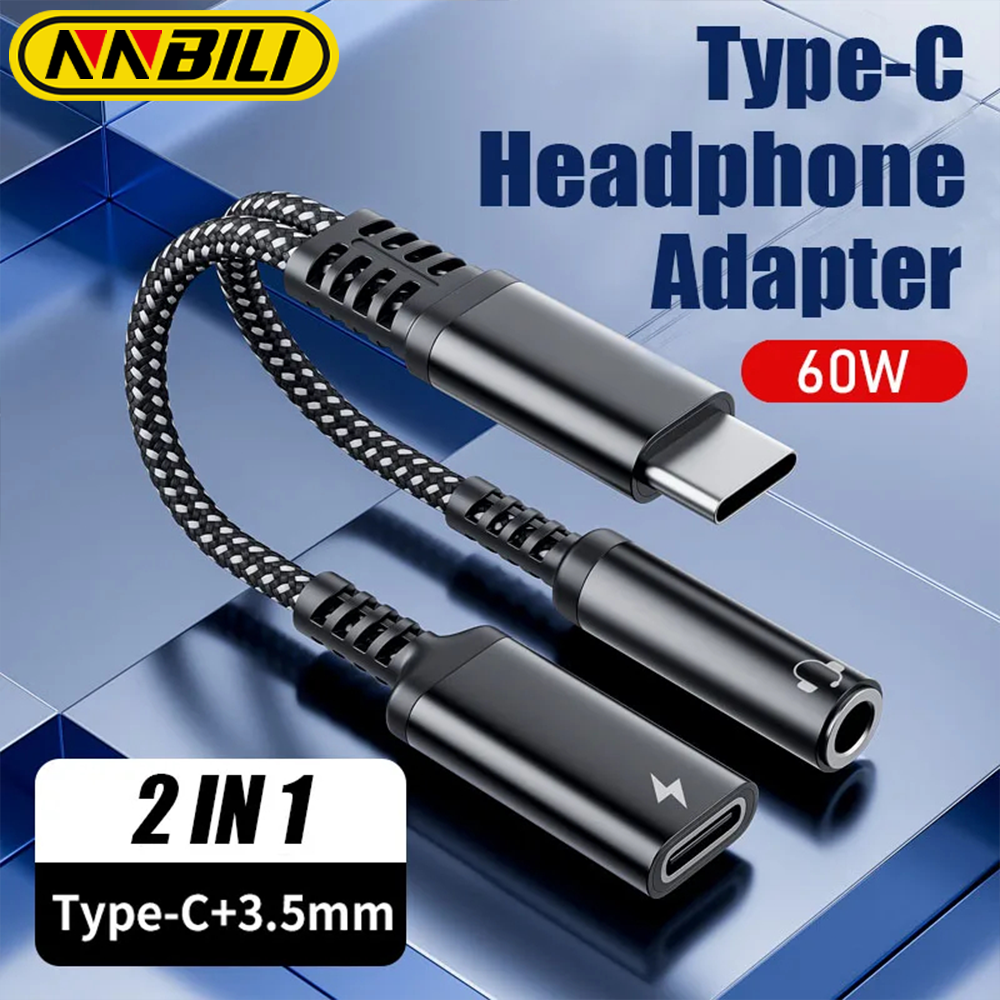 NNBILI 2in1 1in1 USB Type C to 3.5mm Headphone Audio Aux jack Adapter PD 60W Fast Charging Cable for iPhone 15