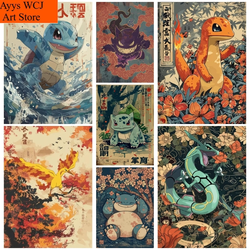 1pc frameless canvas painting Japanese Vintage Posters Pokemon Mural Pictures Squirtle Gengar Canvas Posters Printing Home Livi
