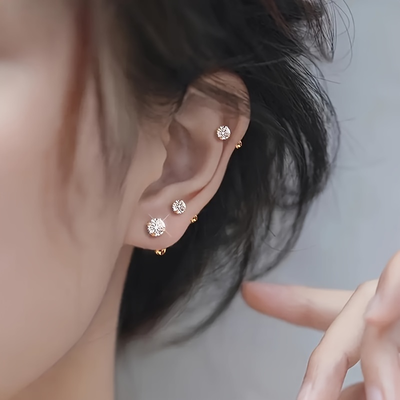 Elegant 3pcs Set of Tiny Stud Earrings Stainless Steel Cubic Zirconia Hypoallergenic Cartilage Piercing Jewelry for Men Women