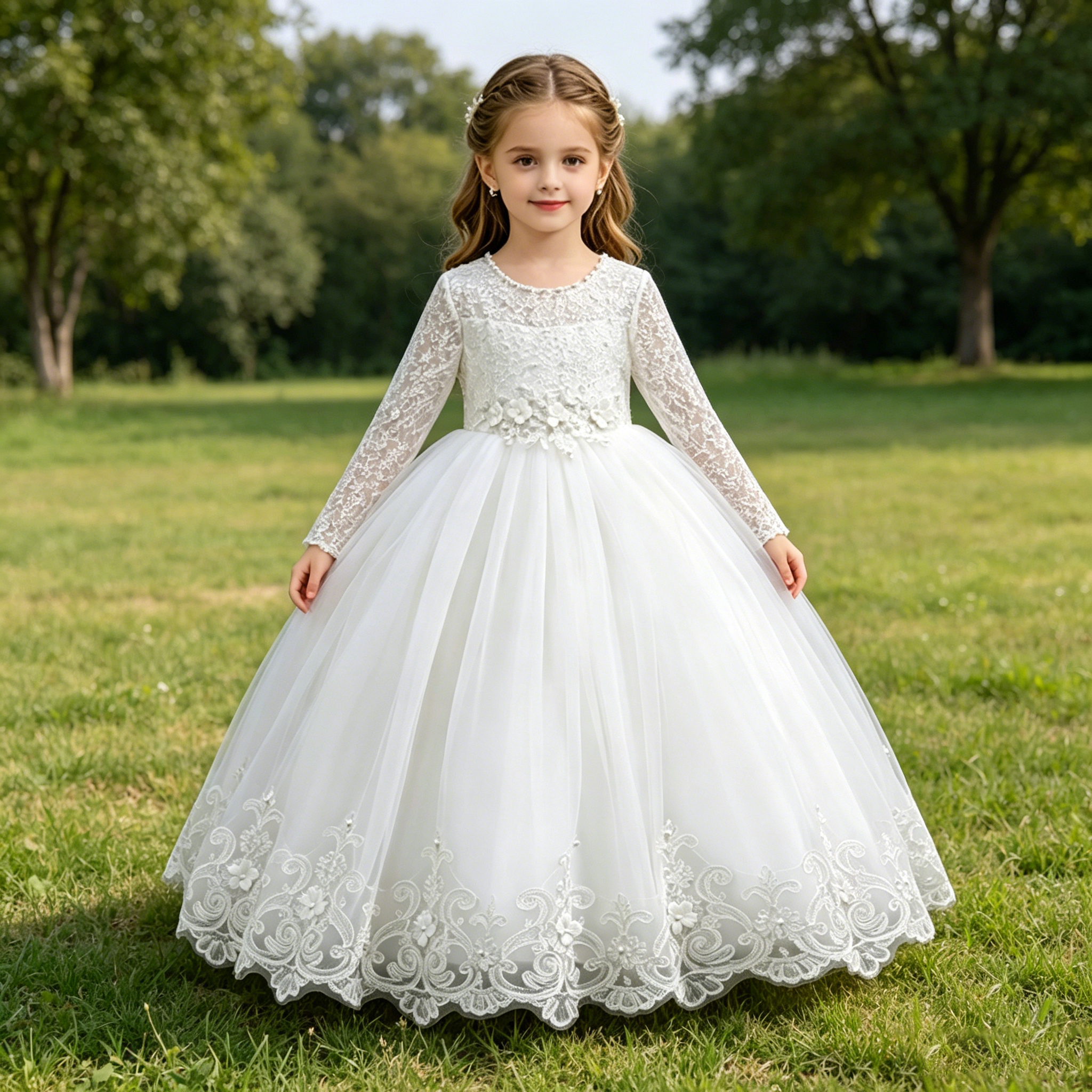 New Flower Girl Wedding White Lace Dress Elegant Girl Beauty Pageant Princess Long Dress 4-12-year-old Summer Children's Clothin