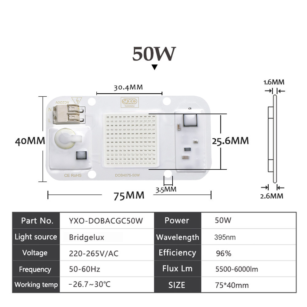220V 50W High Power UV Purple LED 395nm Ultraviolet Bulbs Lamp Chips Light Beads Diode LED phosphor lighting For Printer Curing