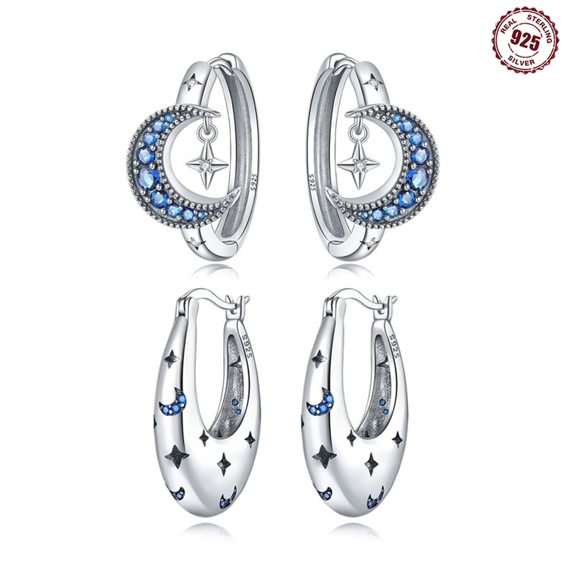 Original 925 Sterling Silver Golden Annular Star Inlay Zircon Moon Sun Drop Hoop Earrings For Women Party Jewelry Gift