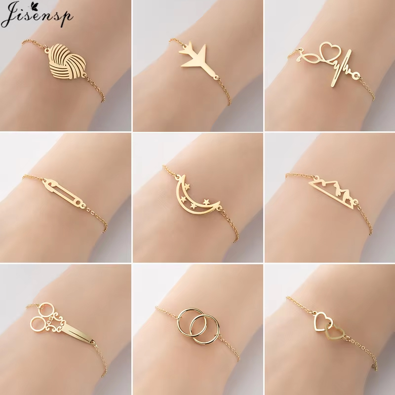 Simple Double Heart Stainless Steel Bracelet Women Men Fashion Scissors Pin Blade Mountain Charm Bracelets Handmade Jewelry 2024