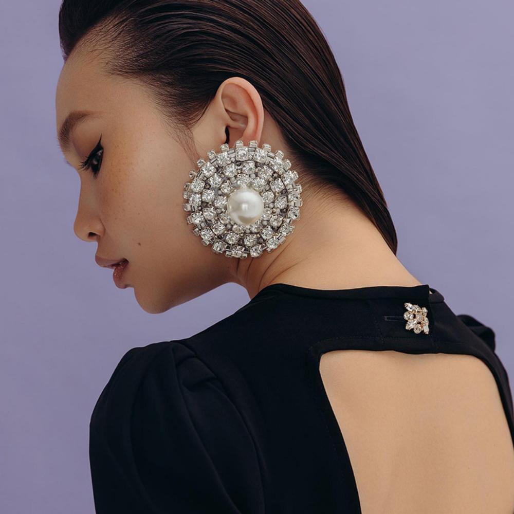 Oversize Crystal Round Dangle Earrings Pearl Inlaid Women Wedding Fashion Statement Rhinestone Hanging Earrnigs Party