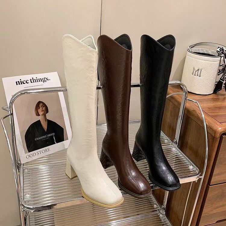 Hard No Wrinkle Leather Boot Knee Length Plain Small Block Heel Round Toe Winter Boots For Women A-816