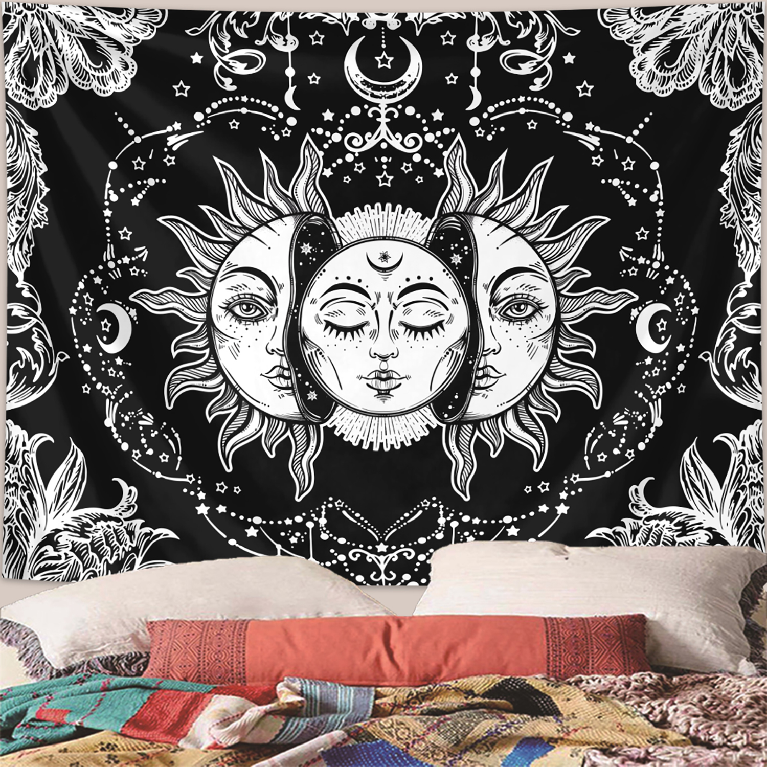 1pc Sun Moon Tapestry, Burning Sun and Stars Tapestry, Black and White Mysterious Tarot Card Tapestry