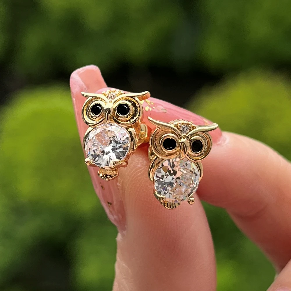 Huitan Gold Color Owl Stud Earrings Funny Cute Night Owl Earrings Women for Dance Party Cute Luxury CZ Ear Jewelry