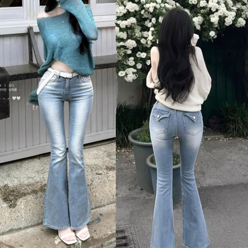 Sand Blast Washed Korean Fahion Internet Celebrity Hot Sell Jeans Low Waist Flare Jeans Cotton Elastic Denim Pants Women