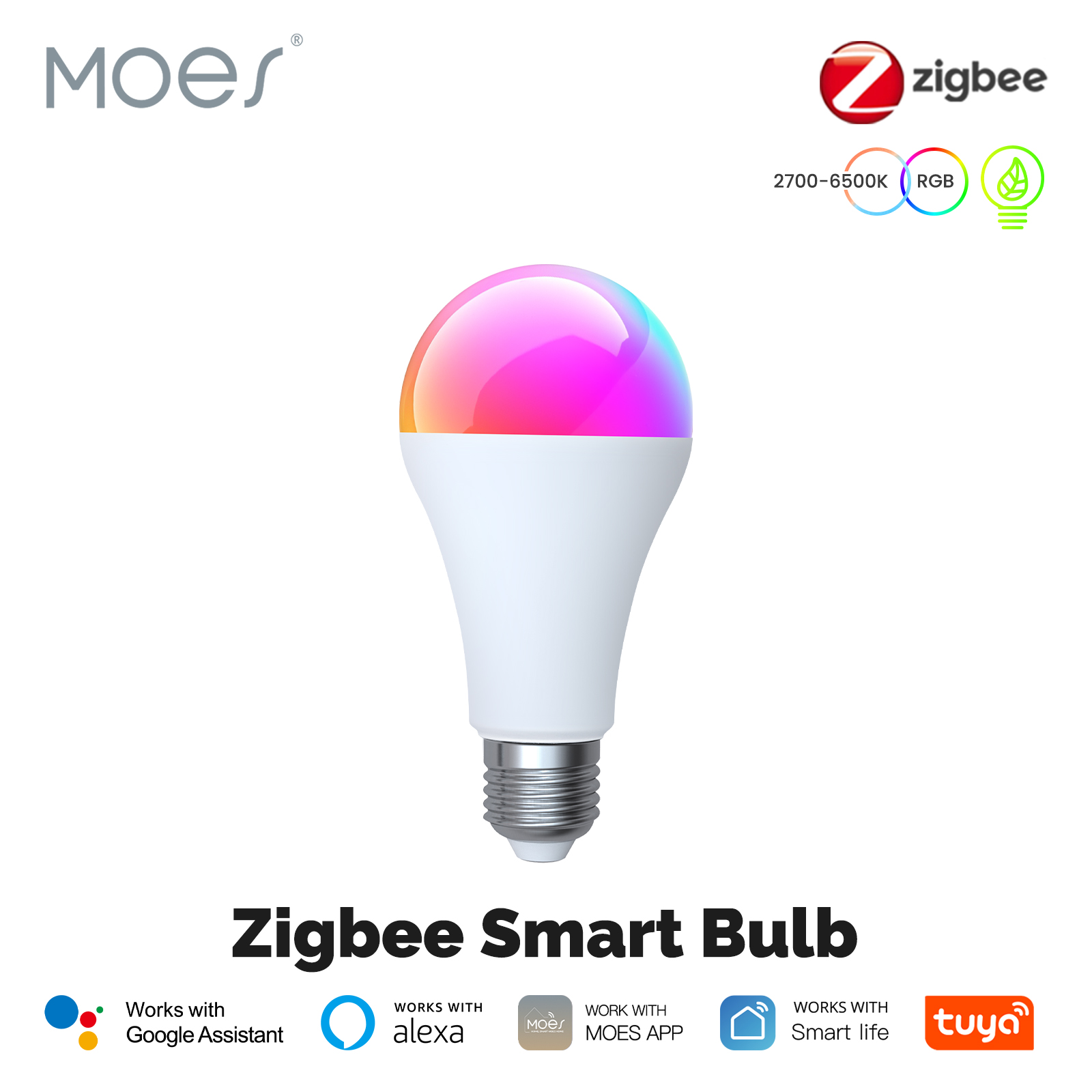 MOES Tuya Zigbee Smart LED Bulb Dimmable RGB C+W Colors 14W E27 2700K-6500K Smart Life App Remote Control With Alexa Home