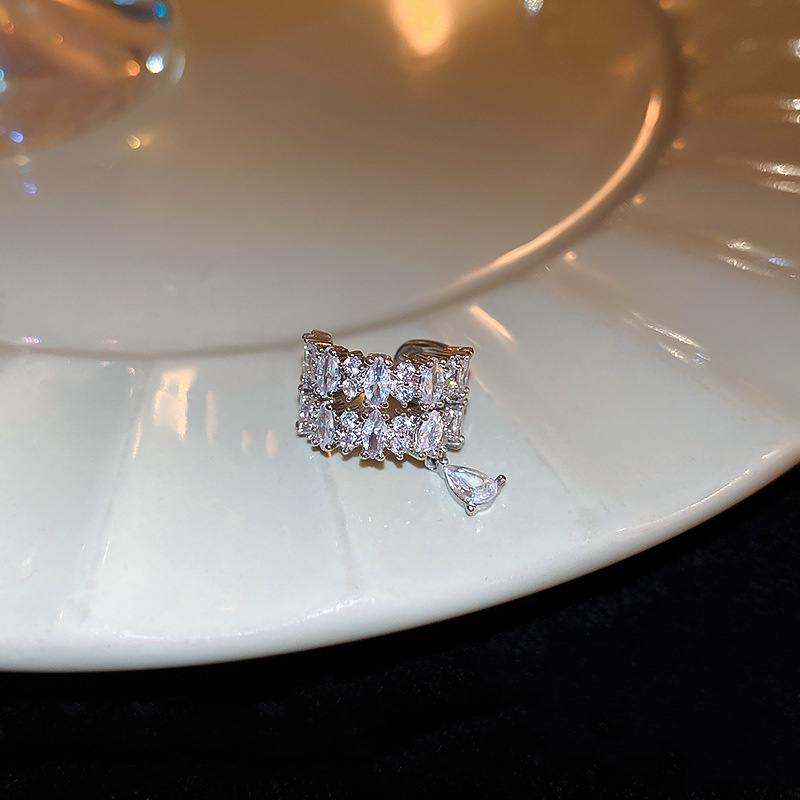 1Pc Double Layer C-Shaped Crystal Zircon Cuff Earrings Rhinestone No Piercing Water Droplet Clip Earring Simple Luxury