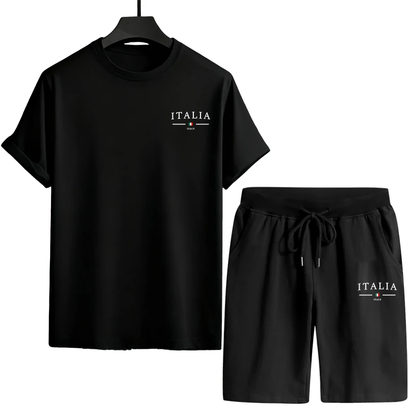 Italy Print Summer Men's Tracksuit T-shirts Shorts Urban Casual Fashion Short Sleeve Outfit Male Home Outdoor Comfort Tees Set