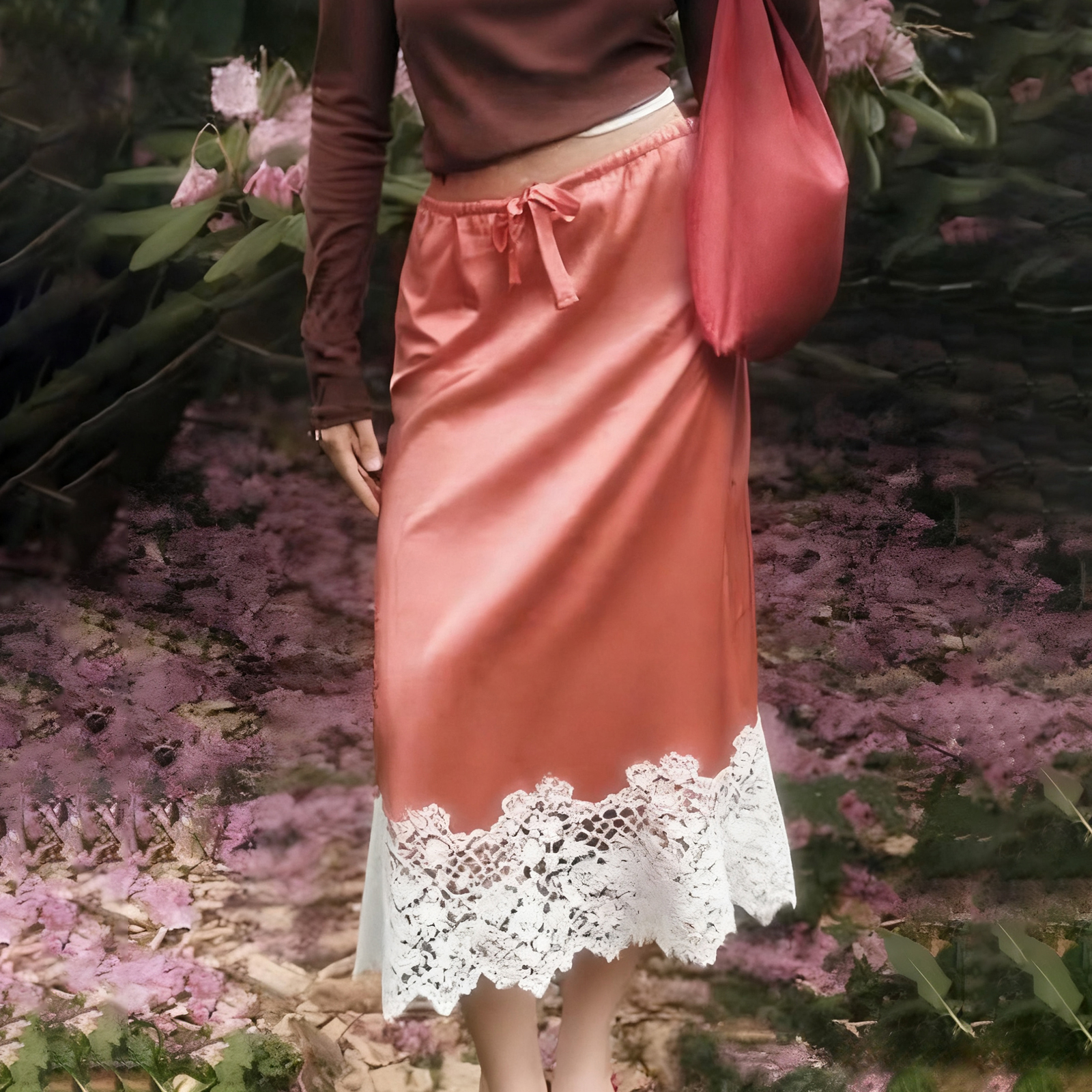 2026 Spring Elegant Women's Solid Color Lace-Trimmed Drawstring Skirts Fashion Ladies Slim Fit Long Skirt for Casual Daily
