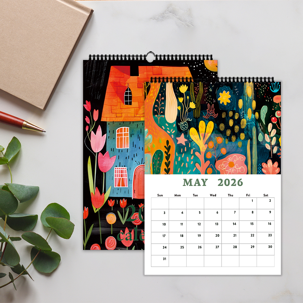 1pc 2026 Wall Calendar, Folk Art Plant Design,Colorful Floral Patterns, 12 Months Planner, Perfect Gift for Birthdays & Holidays