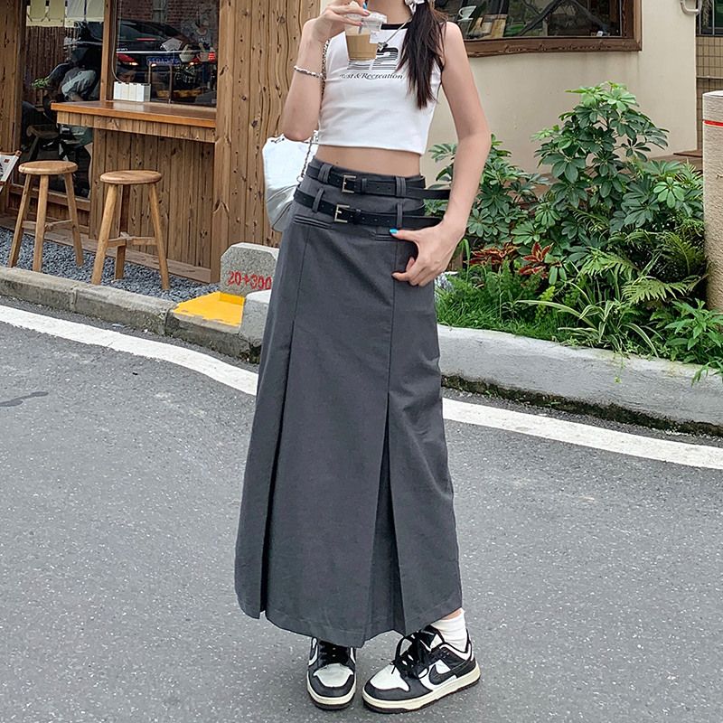 Gray Midi Pleated Skirts For Women Summer 2025 High Waist A Line Maxi Zipper Skirts For Office Lady Long Wide Skirt Woman Black