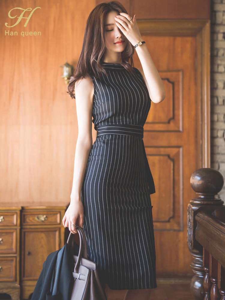 Tank Sleeveless High Waist Profession Party Dresses Women Autumn Stripe Office Lady Sheath Pencil Dress pen gpt