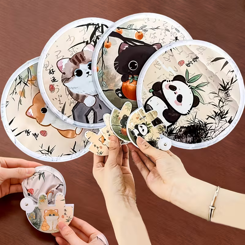 1pc or 4pcs of cute cat folding fan. Dual functions of cooling and sun protection. Portable and handheld with a storage