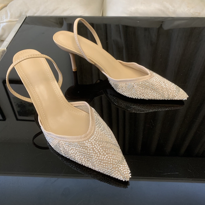2026 Summer Women Pointed Toe High Heels Sandals String Bead Elegant Party Wedding Slingback Ladies Shoes