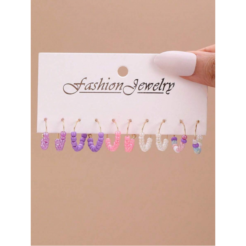 5 Pairs Random Colors Bohemian Geometric Circle Beaded Earrings - Colorful Seed Beads Set.