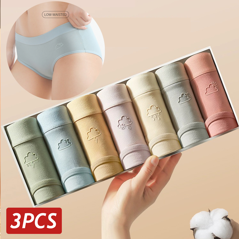 Women Cotton Panties 3PCS/Set Low Rise Soft Underwear Female Solid Color Lingerie Girls Cute Drip Glue Cloud Pattern Briefs