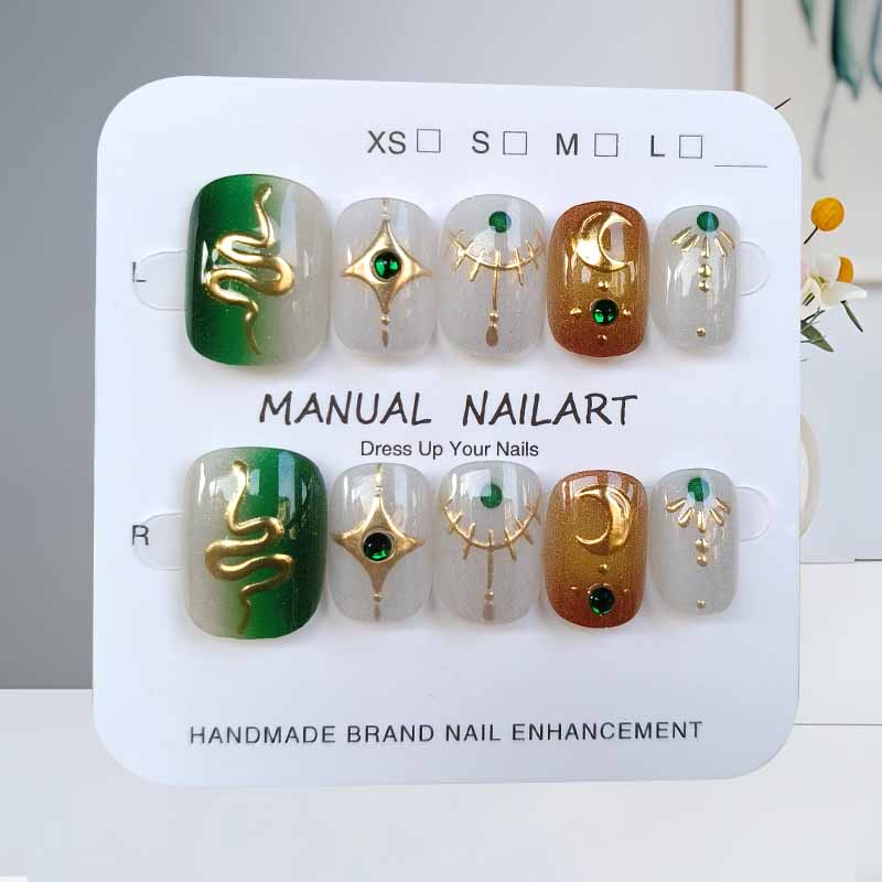 10Pcs French Style Light Luxury Retro Gilded with Cat Eye Press on Nails High Quality Cute Little Snake Flake Nails Nails Art