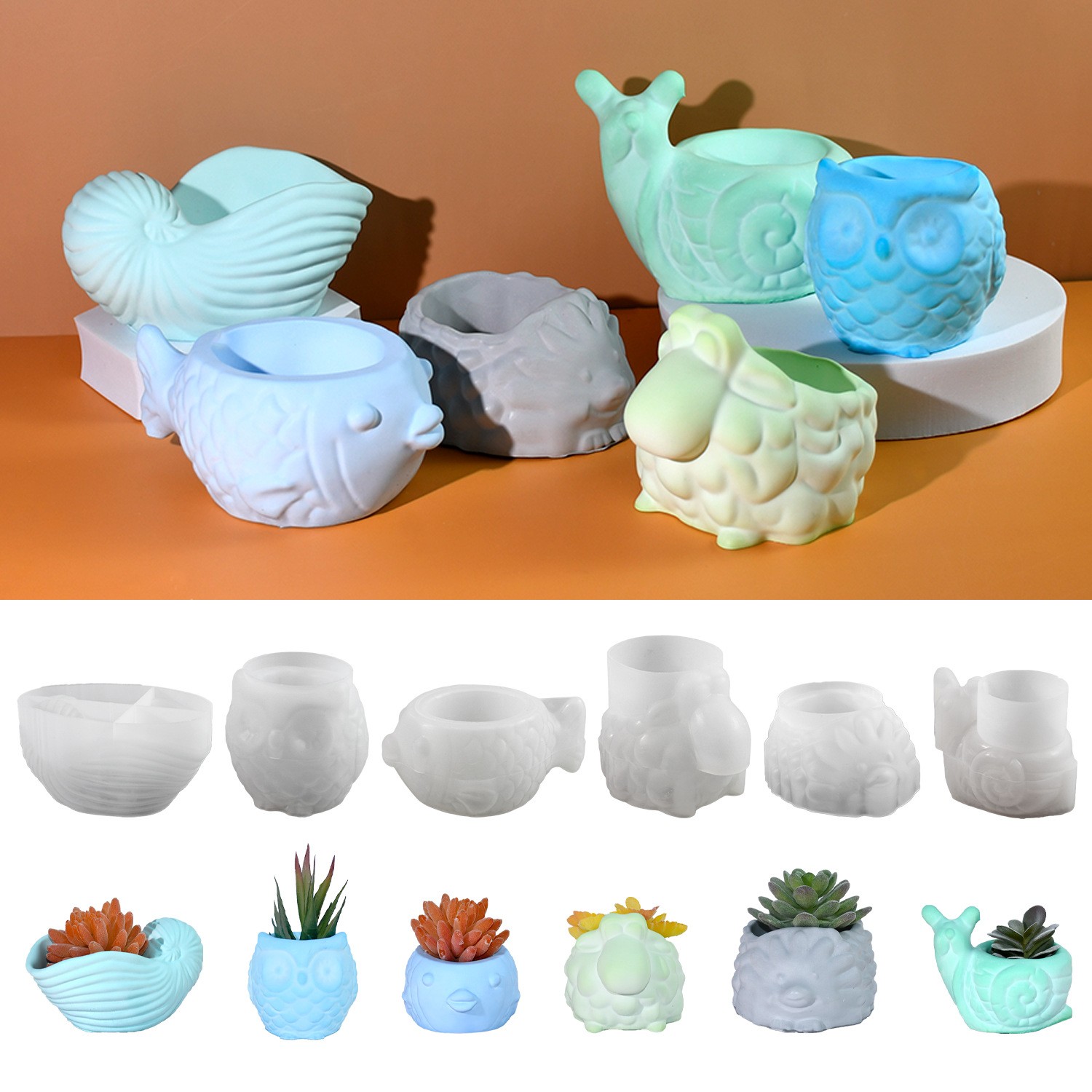 3D Animal Flower Pot Silicone Mold DIY Snail Owl Conch Hedgehog Fish Succulent Planter Flowerpot Plaster Epoxy Resin Mold