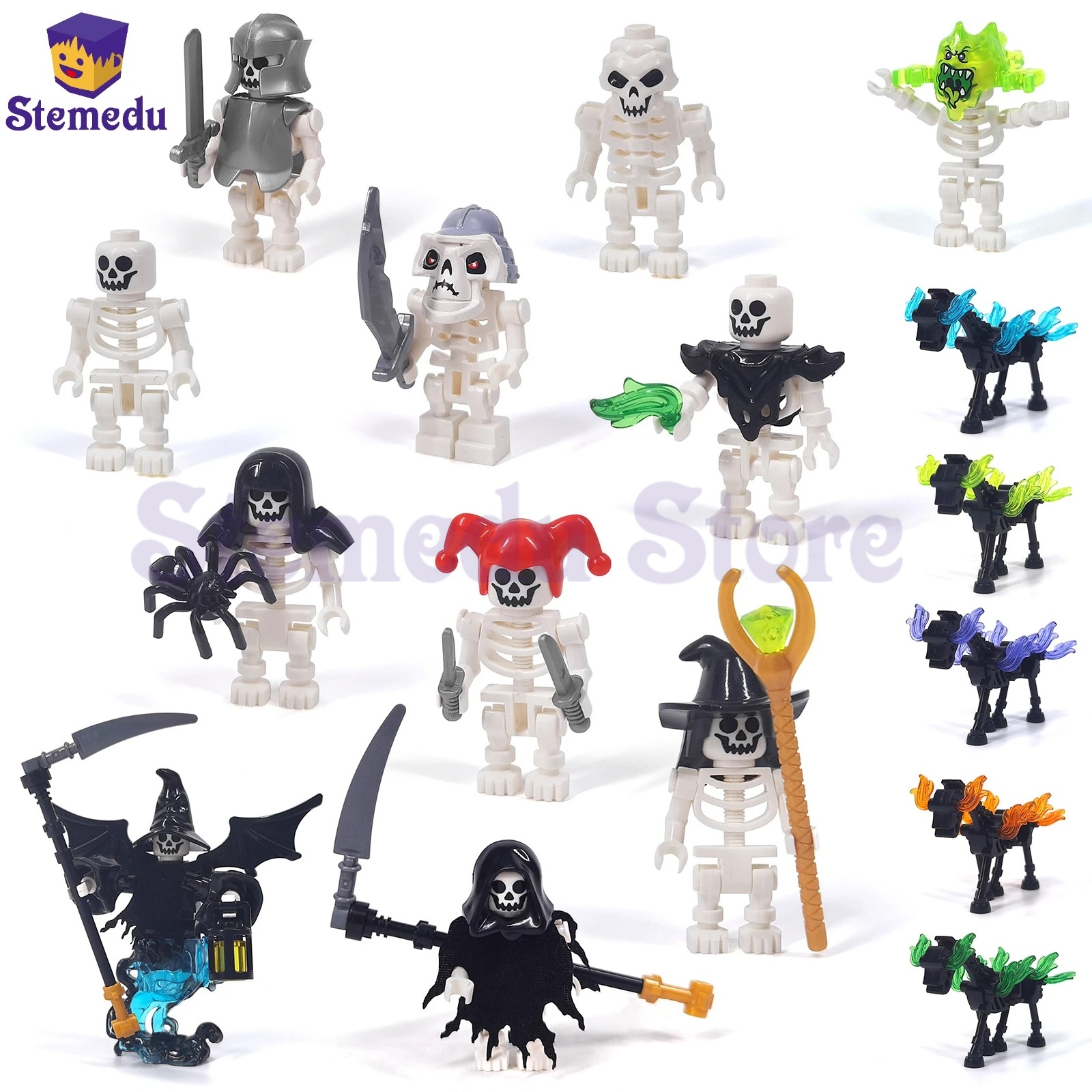 5PCS MOC Halloween Skeleton Mini Doll Ghost Building Block DIY Assembly Character Doll Horse Ornaments Figure for Kids