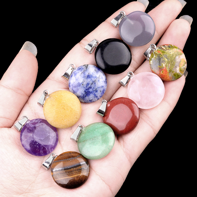 1pc 20mmNatural Stone Mixed Color Flat Round Shape Fine Ladies High Quality Pendant for Jewelry Making DIY Necklace Accessories